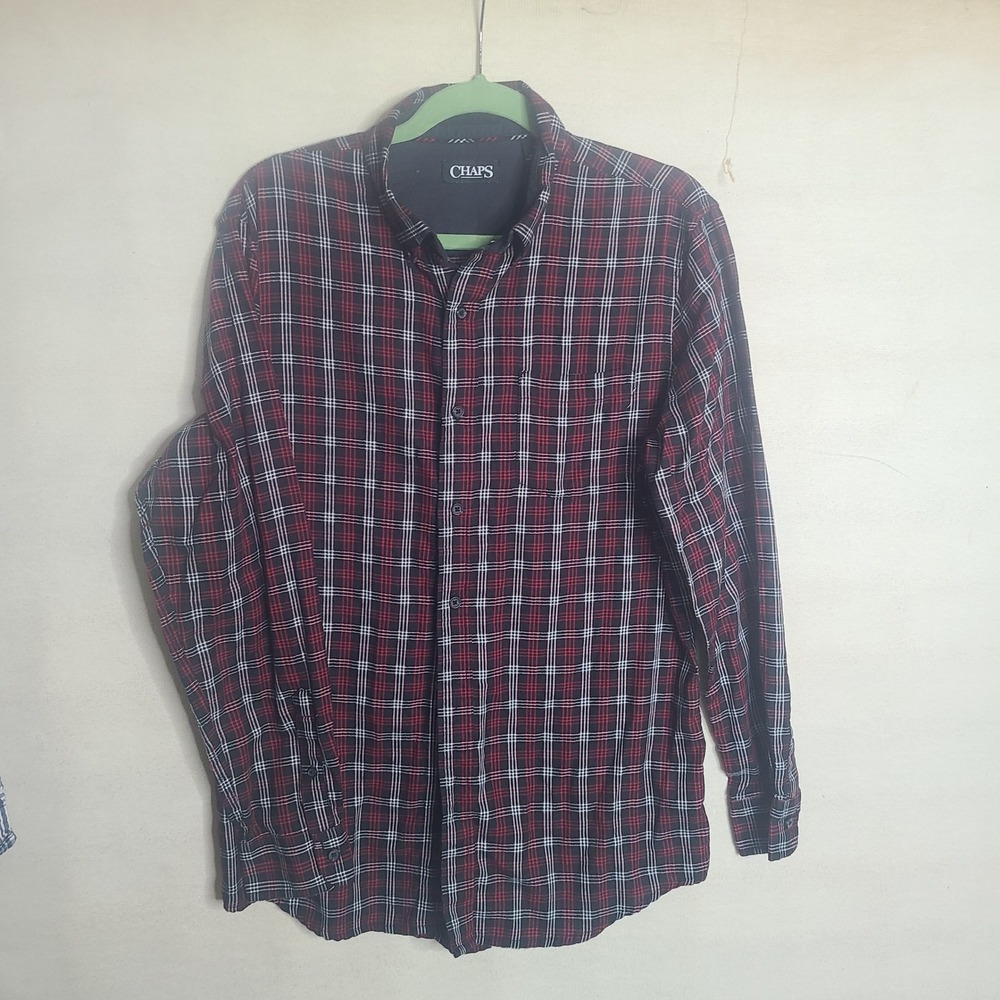 Chaps Mens Plaid Long Sleeve Button Down Shirt Med Casual Work Red Black